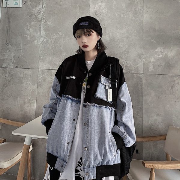 ⁦Stitching Denim Embroidered Letters Men's And Women's Jackets⁩ - الصورة ⁦6⁩