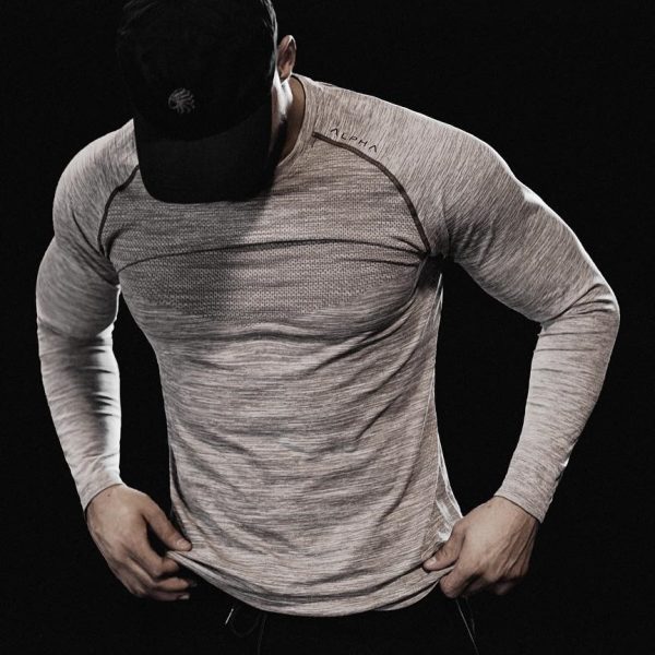 ⁦Men Long Sleeves T-Shirts Mesh Breathable Gyms Fitness Sports Clothes⁩ - الصورة ⁦5⁩