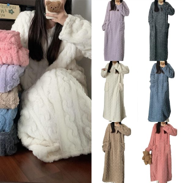 ⁦Winter Coral Fleece Sleepwear Women's Nightgown Long Night Dress Pajamas With Pockets Thickened Jacquard Dress Warm Home Clothes⁩ - الصورة ⁦2⁩
