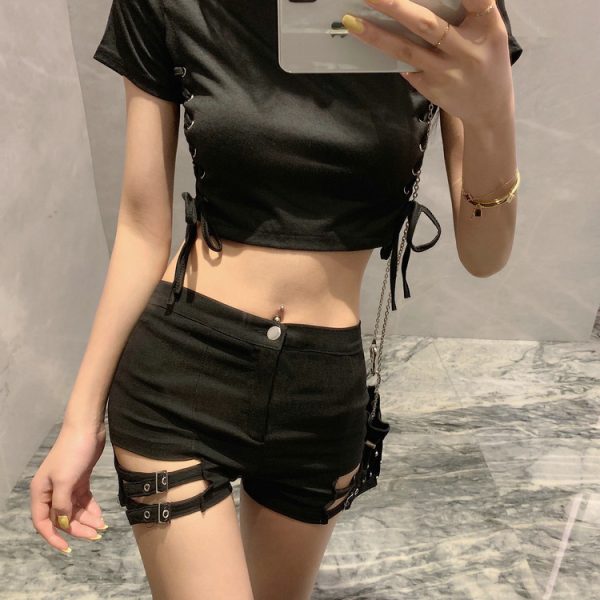 ⁦Double Buckle Design High Waist Stretch Tight Shorts For Women⁩ - الصورة ⁦4⁩