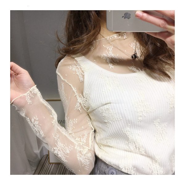 ⁦Lace Mesh See-through Bottoming Shirt Girls Wear All-match Sexy Long-sleeved Tops And Mesh Shirts⁩ - الصورة ⁦2⁩