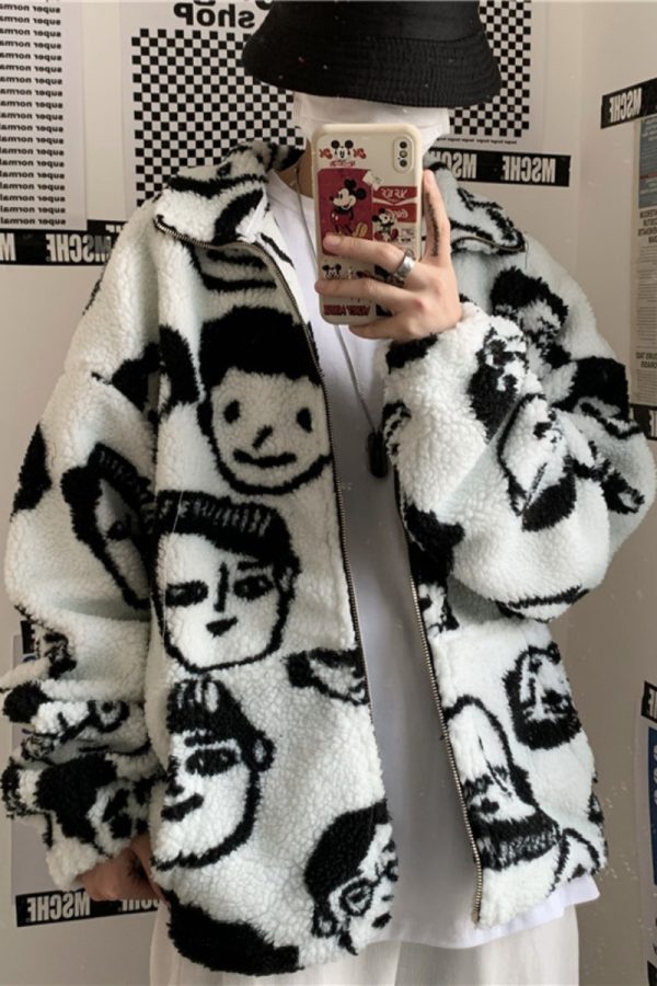 ⁦WAKUTA Winter Wool Coat Female Street Wear Chic Cute Funny Print Coats and Jackets Casual Loose Winter Clothes for Women⁩ - الصورة ⁦3⁩