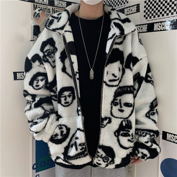⁦WAKUTA Winter Wool Coat Female Street Wear Chic Cute Funny Print Coats and Jackets Casual Loose Winter Clothes for Women⁩ - الصورة ⁦5⁩