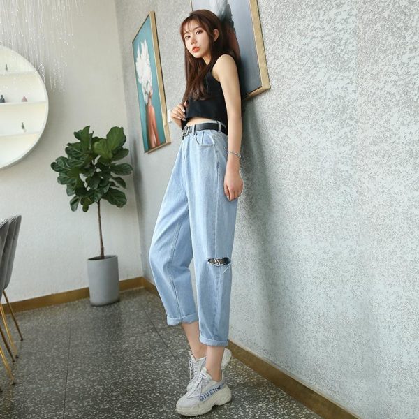 ⁦Women's Ninth Pants Ripped High Waist Jeans⁩ - الصورة ⁦5⁩