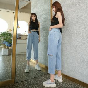 Women's Ninth Pants Ripped High Waist Jeans