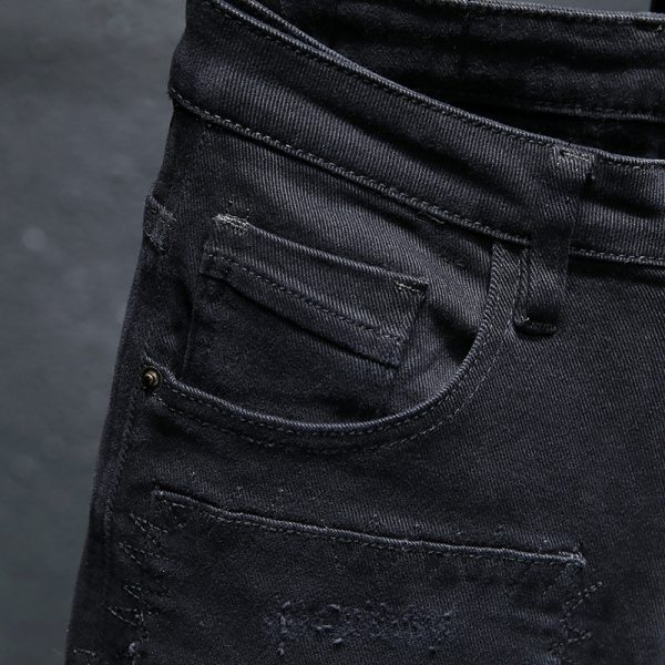 ⁦Spring And Summer New Jeans Pure Black Ripped Stretch Jeans Men Black Jeans Men⁩ - الصورة ⁦2⁩
