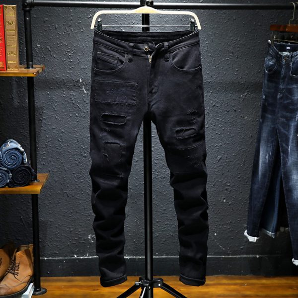 ⁦Spring And Summer New Jeans Pure Black Ripped Stretch Jeans Men Black Jeans Men⁩ - الصورة ⁦4⁩