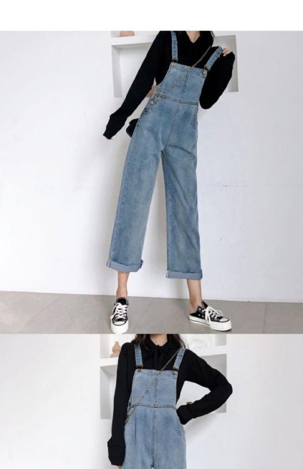⁦Autumn Student Pants Loose Straight Leg Suspenders Jeans Female High Waist Slim Suspenders⁩ - الصورة ⁦4⁩