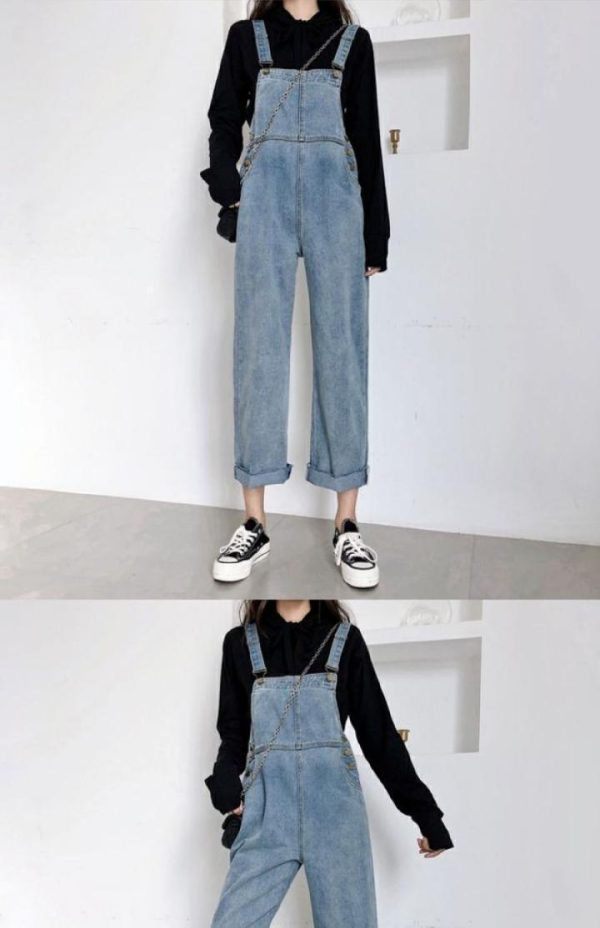 ⁦Autumn Student Pants Loose Straight Leg Suspenders Jeans Female High Waist Slim Suspenders⁩ - الصورة ⁦3⁩