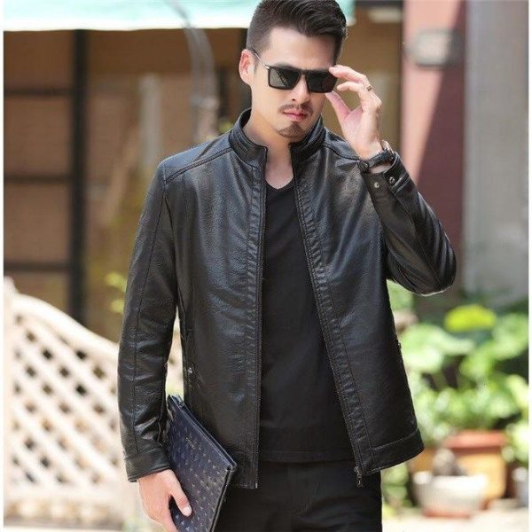 ⁦Men's Leather Jackets For Winter Jacket Men And Coats Leather Male Coat For Brand Men's Oblique Zipper Winter Down Biker Jacket⁩ - الصورة ⁦5⁩