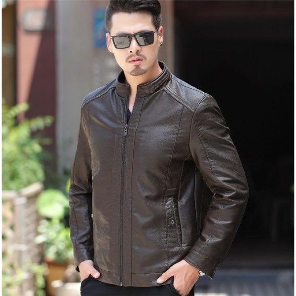 ⁦Men's Leather Jackets For Winter Jacket Men And Coats Leather Male Coat For Brand Men's Oblique Zipper Winter Down Biker Jacket⁩ - الصورة ⁦4⁩