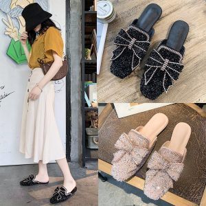 Womens Flats Shoes Mules Slippers Bling Rhinestone Butterfly