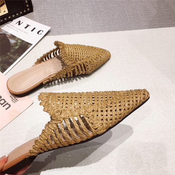⁦Womens Flats Shoes Mules Rattan Slippers Hollow Slipper Pointed Toe⁩ - الصورة ⁦5⁩