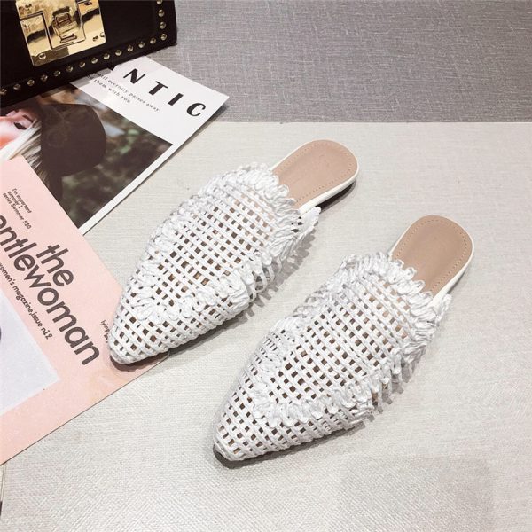 ⁦Womens Flats Shoes Mules Rattan Slippers Hollow Slipper Pointed Toe⁩ - الصورة ⁦2⁩