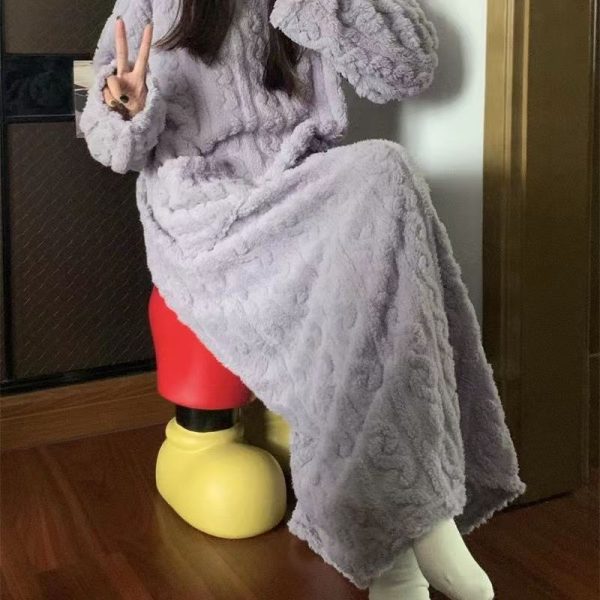 ⁦Winter Coral Fleece Sleepwear Women's Nightgown Long Night Dress Pajamas With Pockets Thickened Jacquard Dress Warm Home Clothes⁩ - الصورة ⁦4⁩