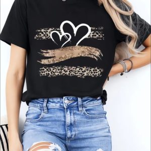 Love Leopard Print Ladies' Casual Loose Short Sleeves, T-shirts, Basic Tops, Unique Rest, Holiday Gifts Are Preferred, Suitable For Women's Wear In Spring And Summer, Teenagers And Girls