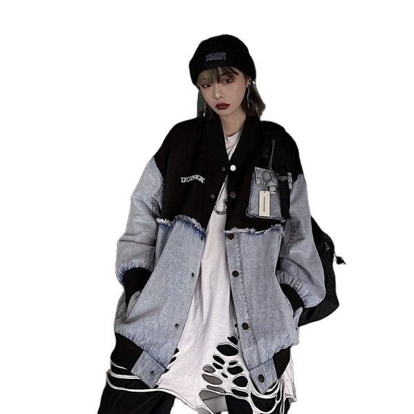 ⁦Stitching Denim Embroidered Letters Men's And Women's Jackets⁩ - الصورة ⁦2⁩