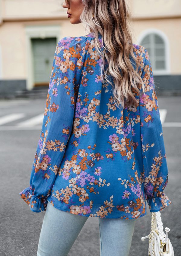 ⁦Women's Tops Casual Floral Print V Neck Long Sleeve Shirts Loose Chiffon Blouses Shirts Tops⁩ - الصورة ⁦6⁩