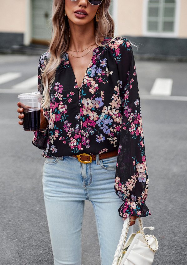 ⁦Women's Tops Casual Floral Print V Neck Long Sleeve Shirts Loose Chiffon Blouses Shirts Tops⁩ - الصورة ⁦3⁩