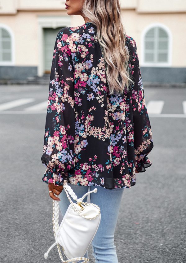 ⁦Women's Tops Casual Floral Print V Neck Long Sleeve Shirts Loose Chiffon Blouses Shirts Tops⁩ - الصورة ⁦4⁩