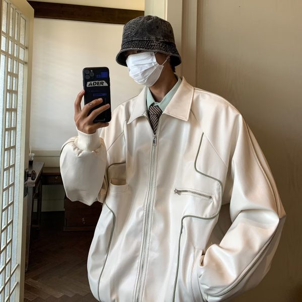 ⁦Retro Solid PU Leather Lapel Jackets For Men And Women⁩ - الصورة ⁦3⁩