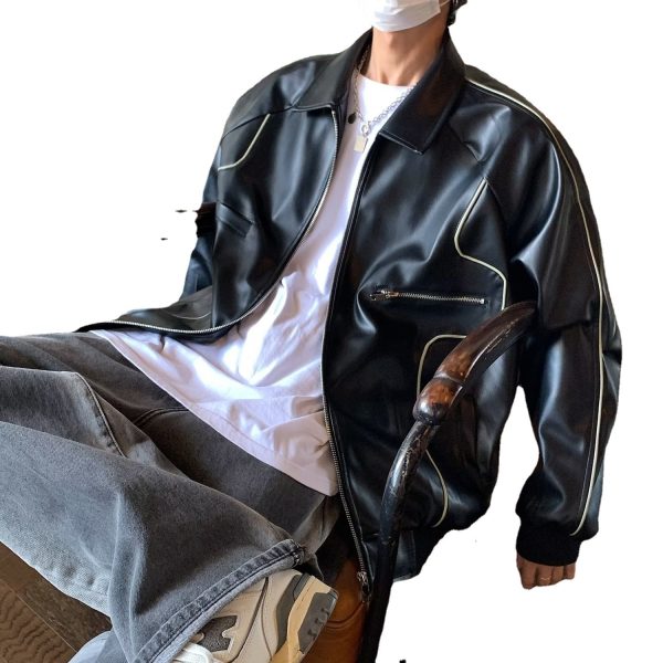 ⁦Retro Solid PU Leather Lapel Jackets For Men And Women⁩ - الصورة ⁦6⁩