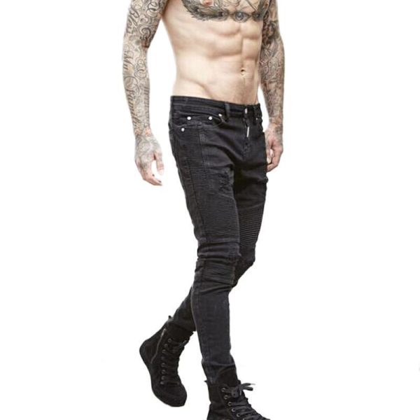 ⁦Men Stretch Ripped Biker Jeans⁩ - الصورة ⁦3⁩