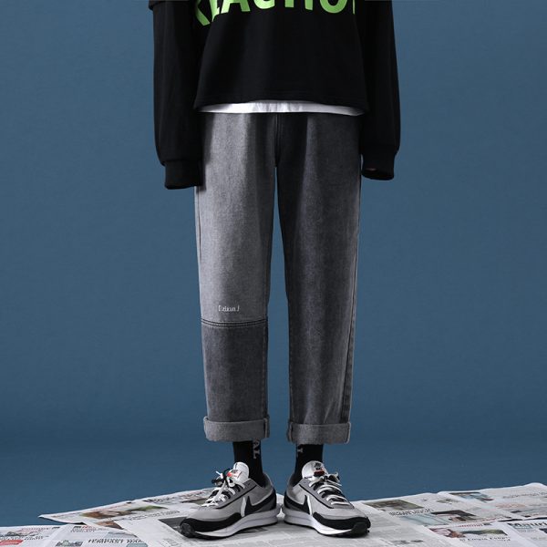 ⁦Men's Loose Bf Straight Spring And Autumn Wide Leg Stitching Jeans⁩ - الصورة ⁦4⁩