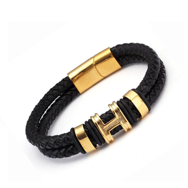 ⁦Retro Style High Quality Stainless Steel Ring H Accessories Genuine Leather Charm Accessories Men Women Bracelet⁩ - الصورة ⁦8⁩