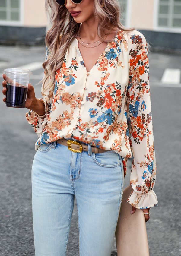⁦Women's Tops Casual Floral Print V Neck Long Sleeve Shirts Loose Chiffon Blouses Shirts Tops⁩ - الصورة ⁦8⁩