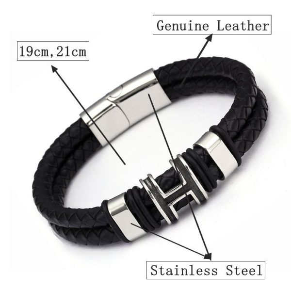 ⁦Retro Style High Quality Stainless Steel Ring H Accessories Genuine Leather Charm Accessories Men Women Bracelet⁩ - الصورة ⁦7⁩