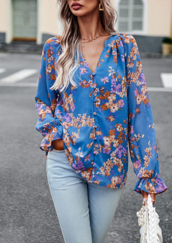 ⁦Women's Tops Casual Floral Print V Neck Long Sleeve Shirts Loose Chiffon Blouses Shirts Tops⁩ - الصورة ⁦5⁩