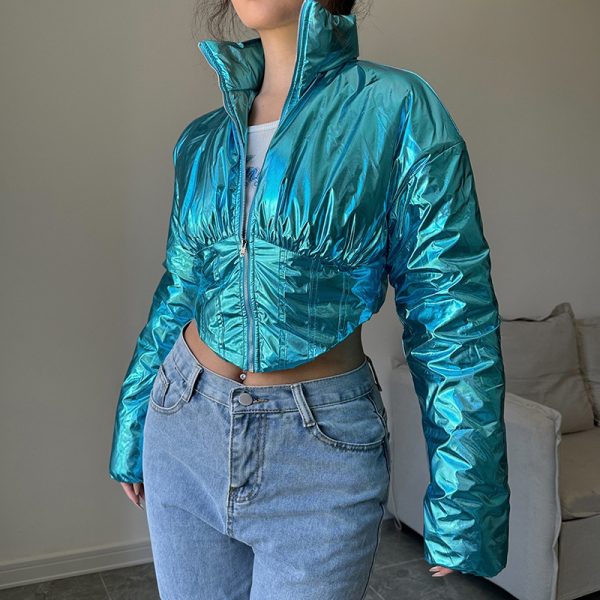 ⁦Warm-keeping Cotton Clothing Cool Locomotive Style Waist Shaping Irregular Zipper And Lapel⁩ - الصورة ⁦3⁩