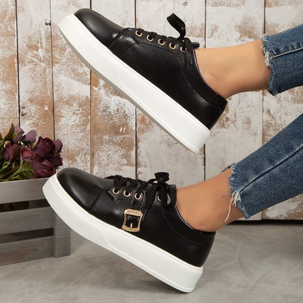 ⁦Lace-up Flats Shoes With Metal Buckle Design Lightweight Round Toe Platform Loafers Casual Shoes For Women⁩ - الصورة ⁦4⁩