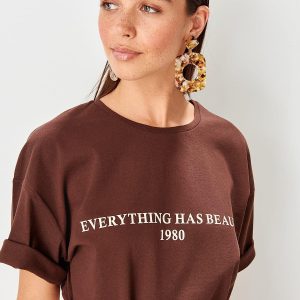 Women's cotton t-shirts brown Printed top