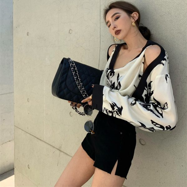 ⁦Fake Two Off-shoulder Floral Shirts For Women⁩ - الصورة ⁦2⁩