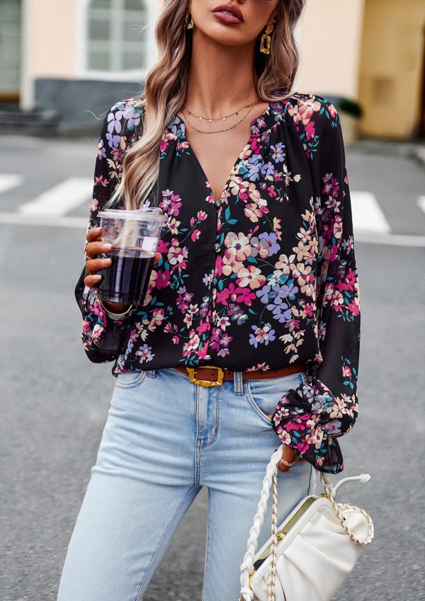 ⁦Women's Tops Casual Floral Print V Neck Long Sleeve Shirts Loose Chiffon Blouses Shirts Tops⁩ - الصورة ⁦10⁩