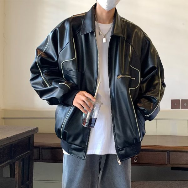 ⁦Retro Solid PU Leather Lapel Jackets For Men And Women⁩ - الصورة ⁦5⁩