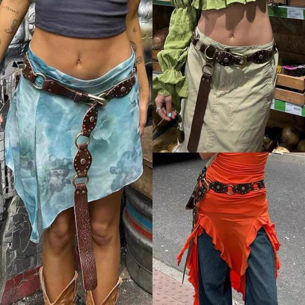 ⁦Vintage Belts For Both Men And Women With Handsome Riveted Metal Buckle Punk Hip Hop Fashion Accessories⁩ - الصورة ⁦2⁩