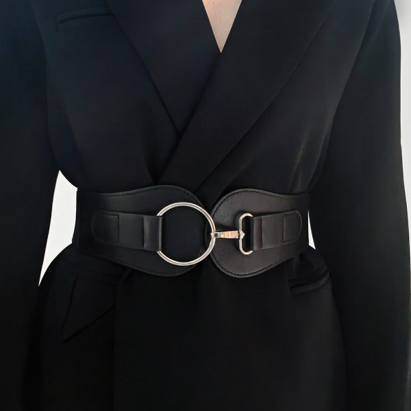 ⁦New Autumn Winter PU Elastic Belt For Women Simple Matching Coffee Color Black Decorative Waist Cover Coat Fashion Elegant Accessories⁩ - الصورة ⁦2⁩