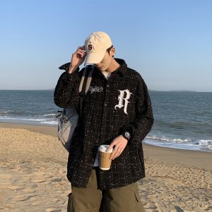 Spring Letter Embroidery Plaid Tide Long Sleeve Shirts For Men And Women