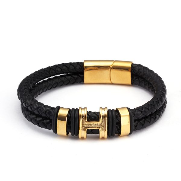 ⁦Retro Style High Quality Stainless Steel Ring H Accessories Genuine Leather Charm Accessories Men Women Bracelet⁩ - الصورة ⁦5⁩