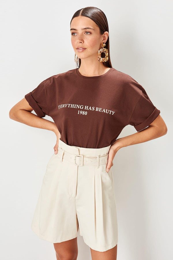 ⁦Women's cotton t-shirts brown Printed top⁩ - الصورة ⁦4⁩