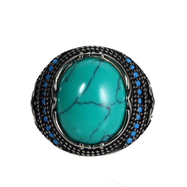 ⁦Accessories Titanium Steel Textured Turquoise Ring For Men⁩ - الصورة ⁦2⁩
