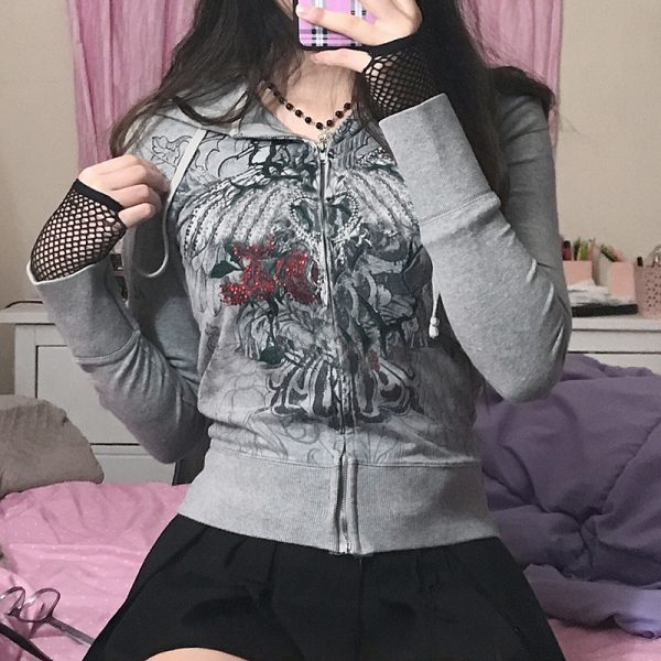 ⁦Graphic Print Retro Casual Hooded Jackets Spring Autumn Vint⁩ - الصورة ⁦2⁩