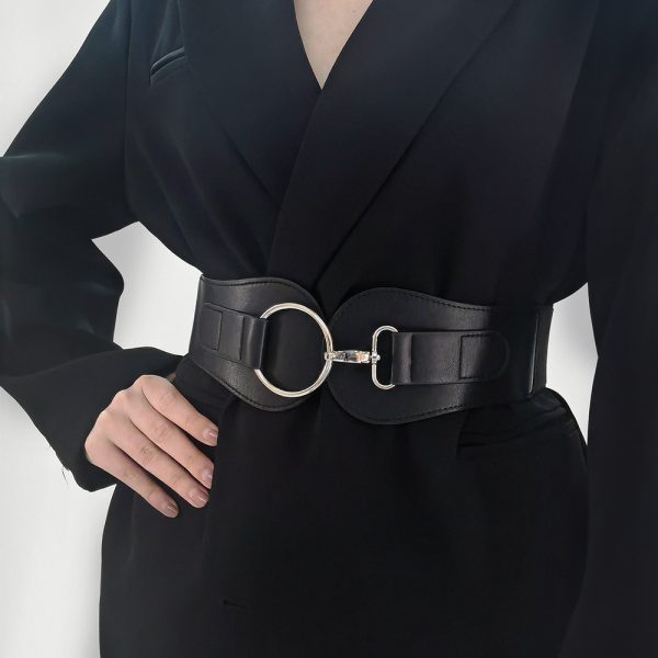 ⁦New Autumn Winter PU Elastic Belt For Women Simple Matching Coffee Color Black Decorative Waist Cover Coat Fashion Elegant Accessories⁩ - الصورة ⁦3⁩