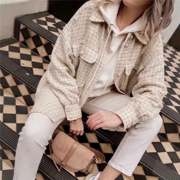 ⁦Women vintage oversize plaid long shirts autumn⁩ - الصورة ⁦2⁩