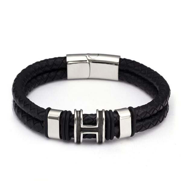 ⁦Retro Style High Quality Stainless Steel Ring H Accessories Genuine Leather Charm Accessories Men Women Bracelet⁩ - الصورة ⁦4⁩