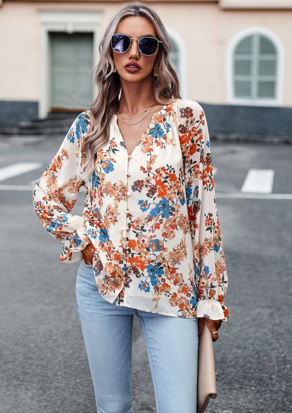 ⁦Women's Tops Casual Floral Print V Neck Long Sleeve Shirts Loose Chiffon Blouses Shirts Tops⁩ - الصورة ⁦9⁩