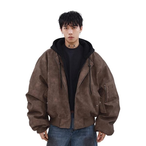 ⁦Loose Casual Hooded Coat Idle Style False Two-piece Jackets⁩ - الصورة ⁦6⁩